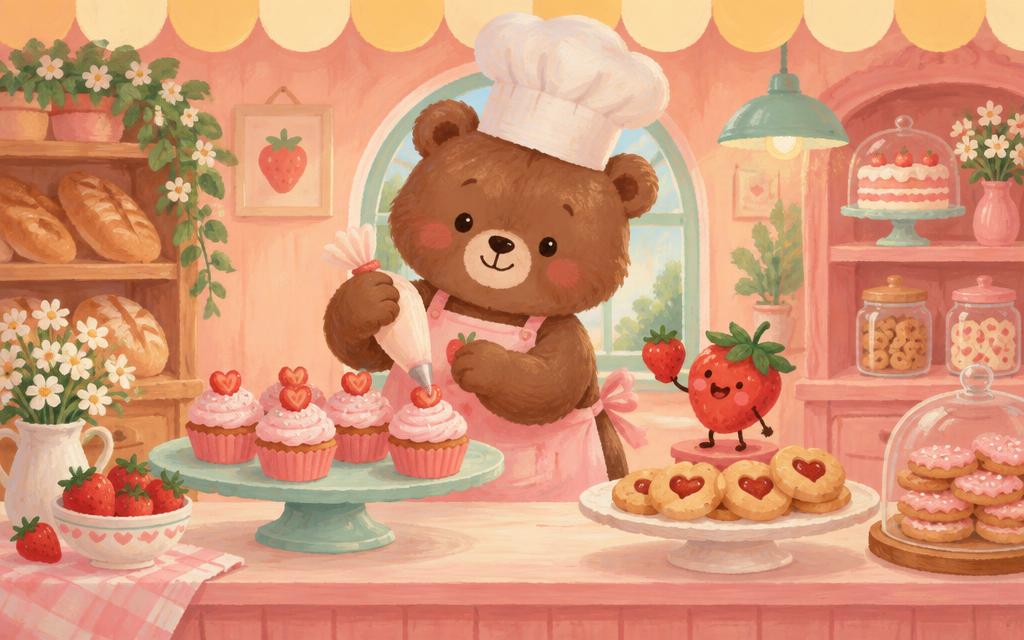 A smiling bear baking cupcakes with a strawberry friend