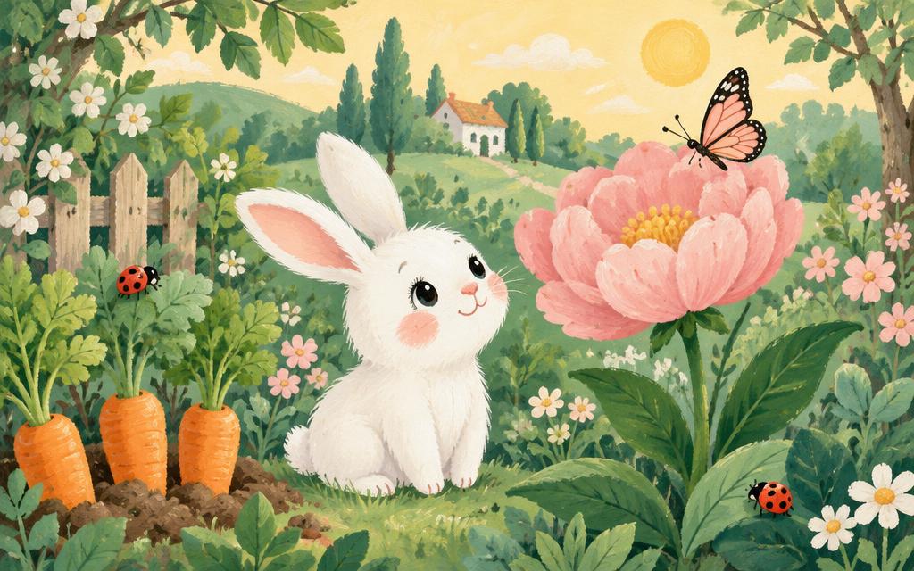 Bunny with carrots and butterflies in a flowering garden