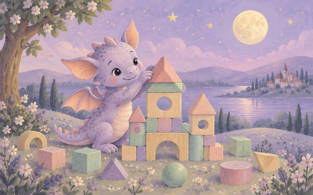A little dragon building a castle from colorful shapes